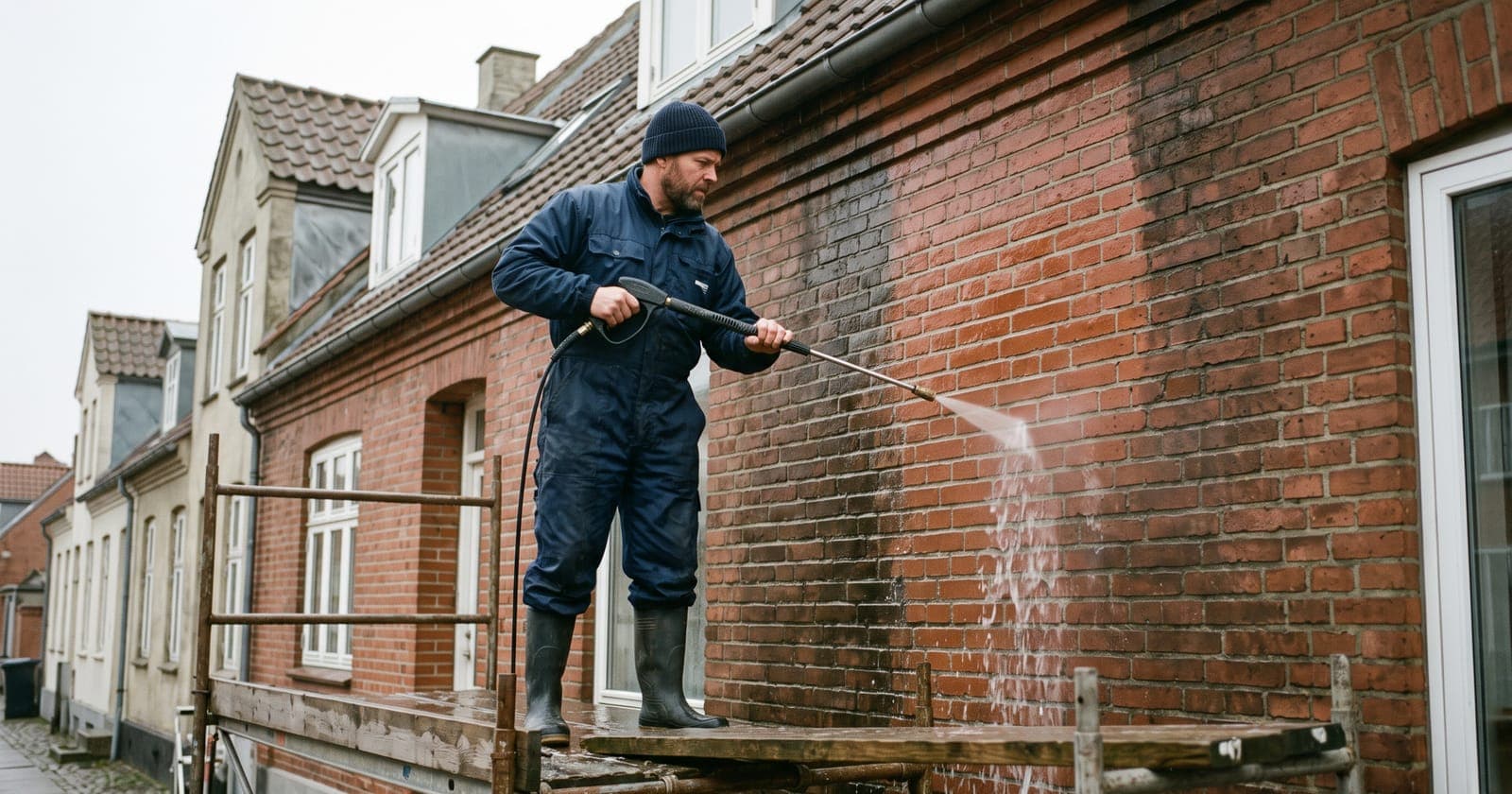 Håndværker renser en murstensfacade fra et stillads
