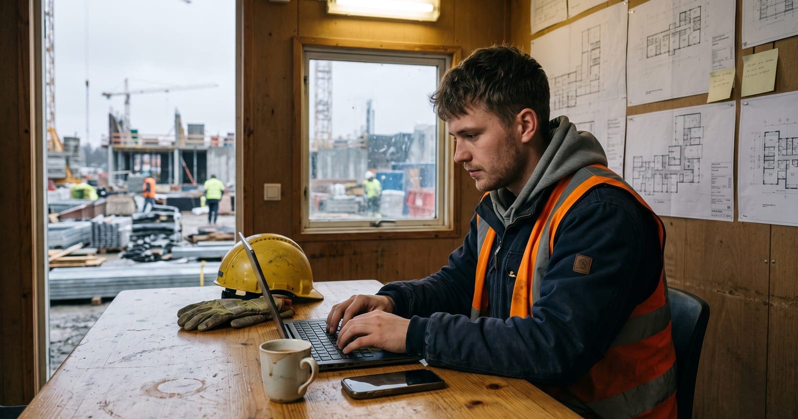 Ung håndværker arbejder på en bærbar i skurvognen på en byggeplads