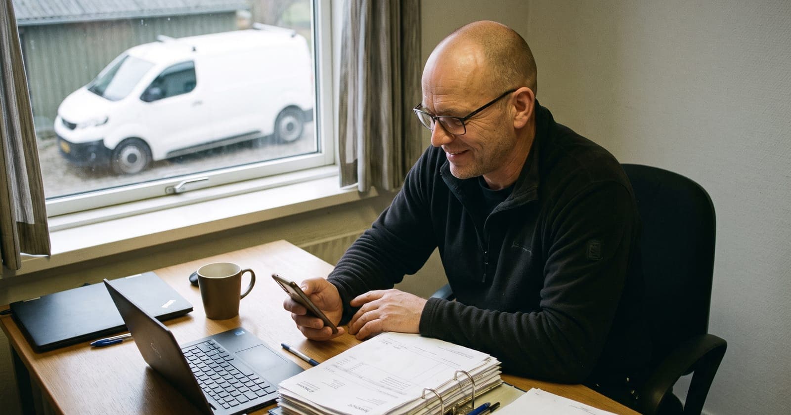 Ejer af et lille VVS-firma læser på sin telefon ved skrivebordet