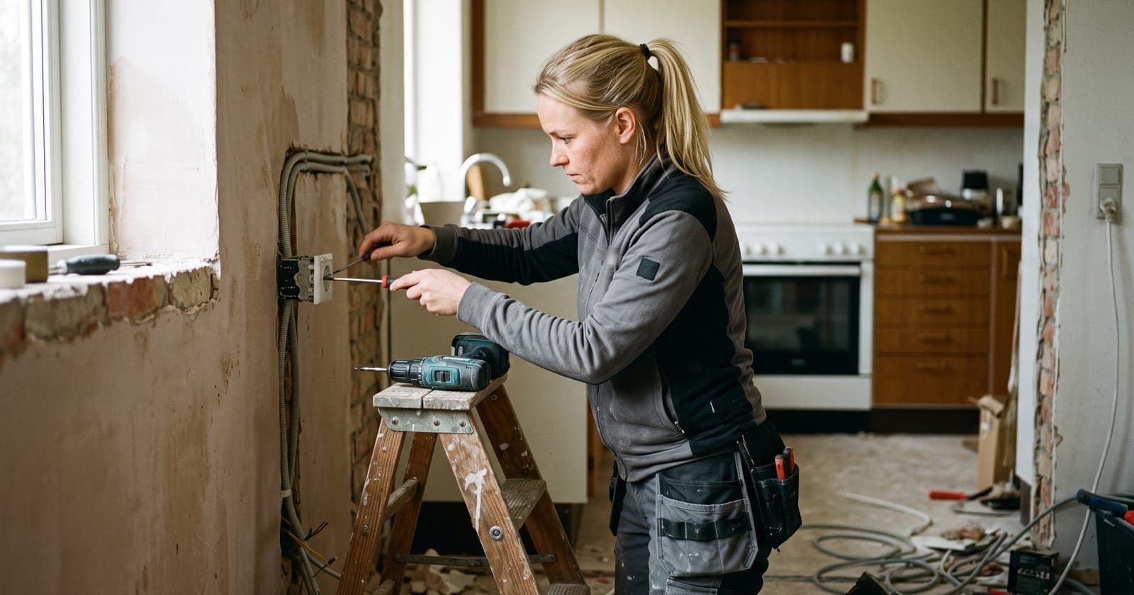 Elektriker monterer en stikkontakt i et køkken under renovering