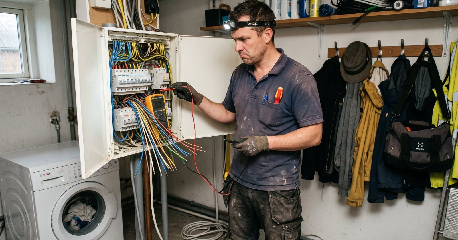 Elektriker arbejder i en åben eltavle i et bryggers