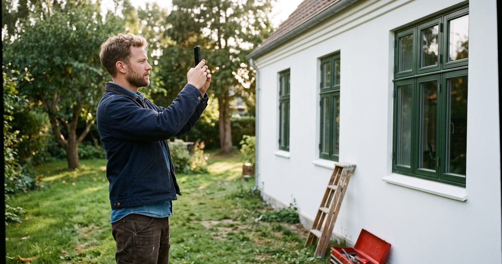 Håndværker fotograferer en nyrenoveret facade med sin telefon