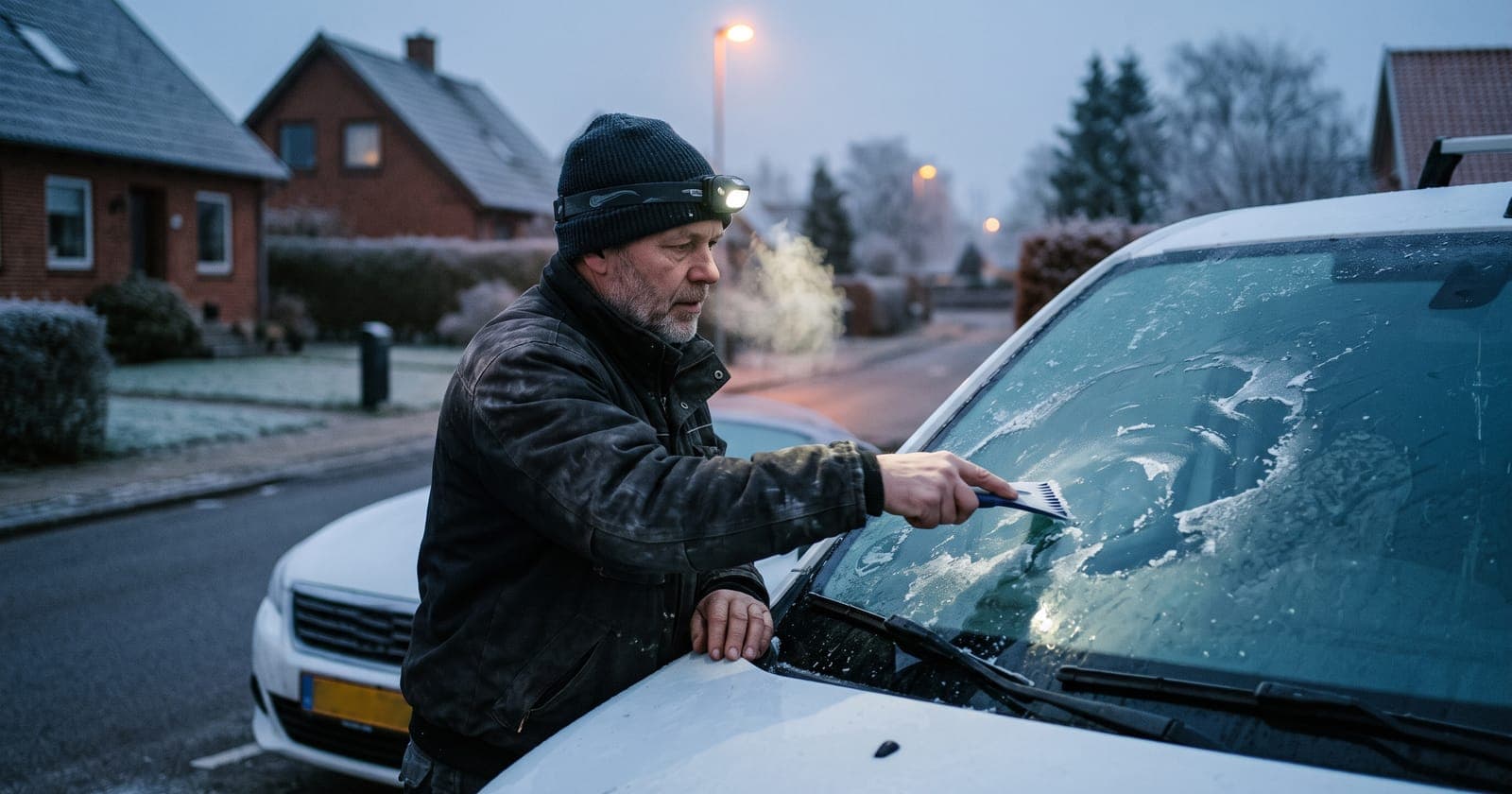 Håndværker skraber frost af forruden på varevognen en mørk vintermorgen