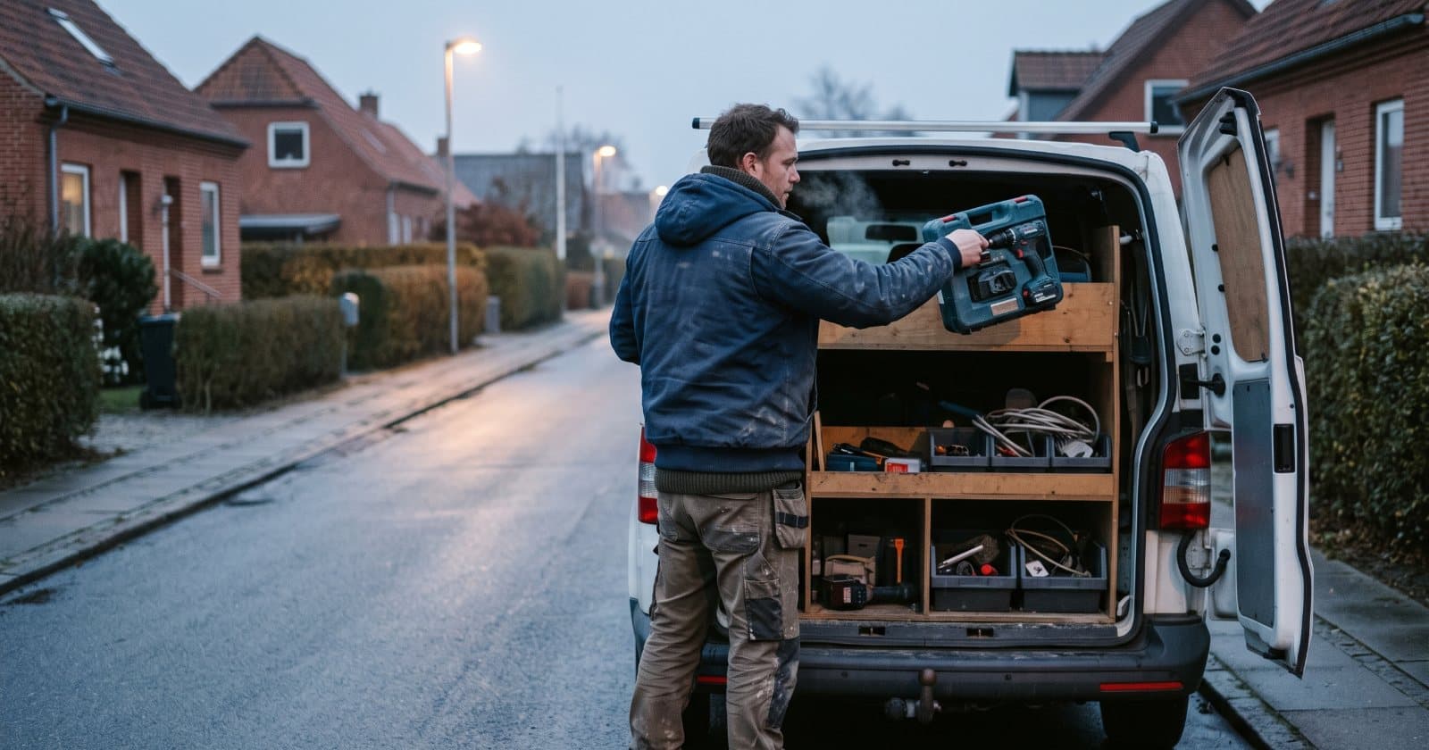 Håndværker læsser værktøj i varevognen tidligt om morgenen