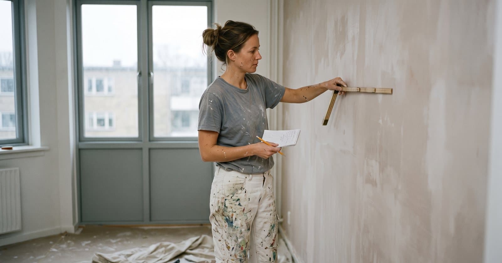 Maler måler en væg op i en tom lejlighed under renovering