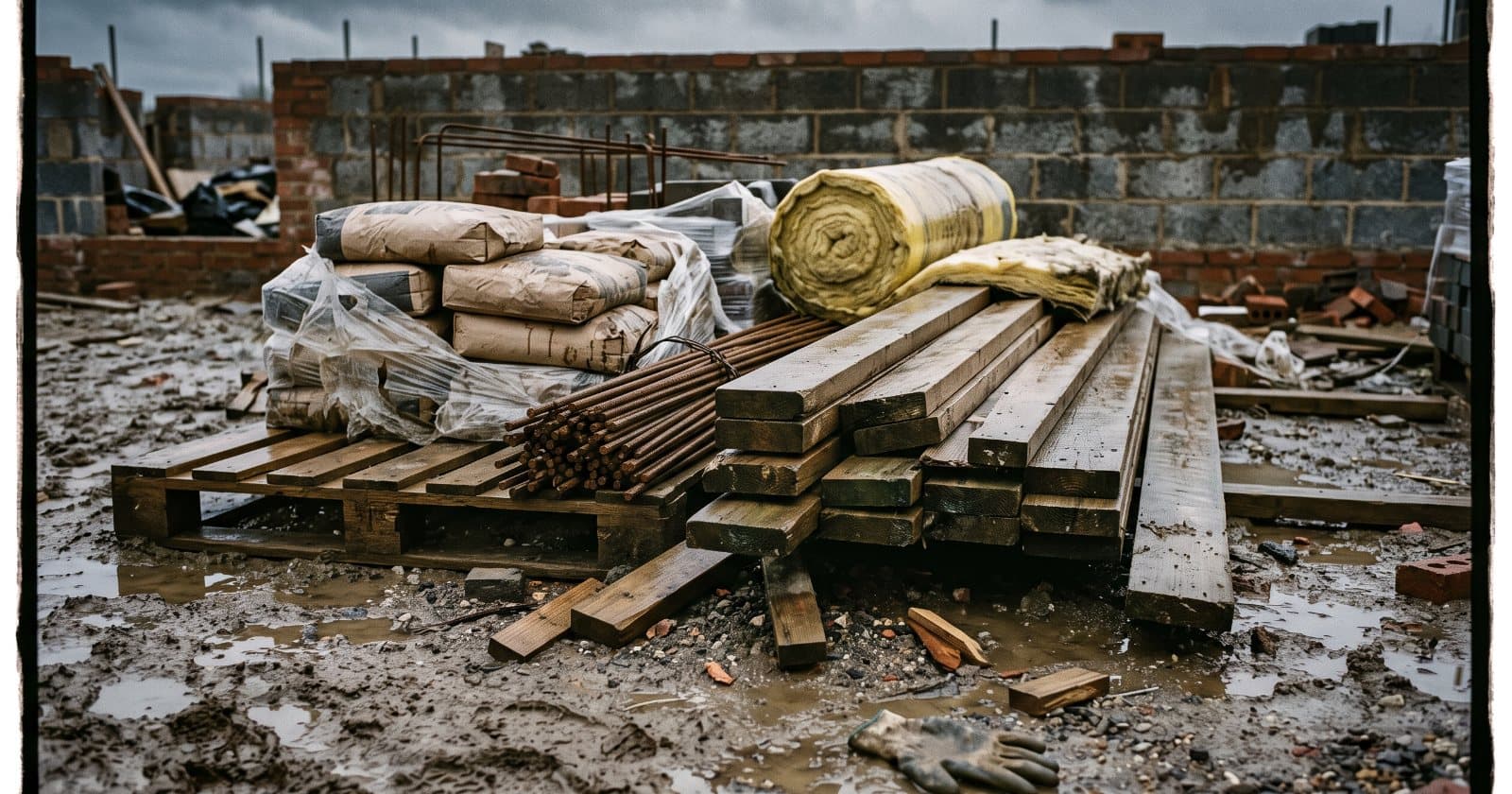 Stablede byggematerialer på en byggeplads