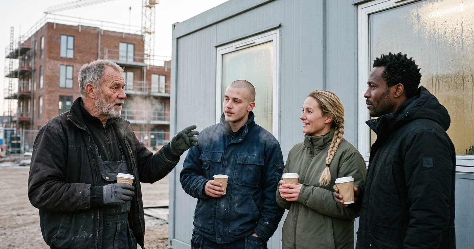 Fire håndværkere holder morgenmøde med kaffe ved skurvognen