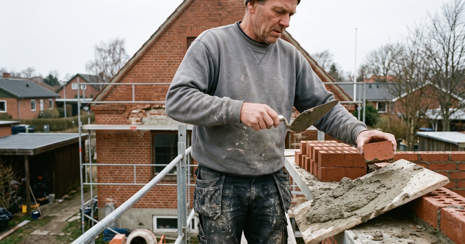 Murer arbejder på stillads ved en rød murstensfacade