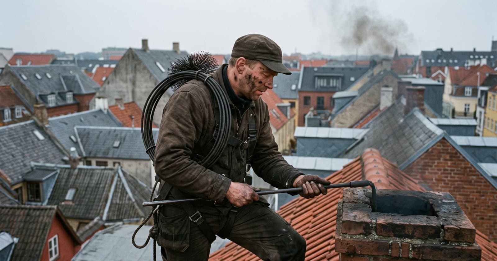 Skorstensfejer på et tegltag ved en skorsten