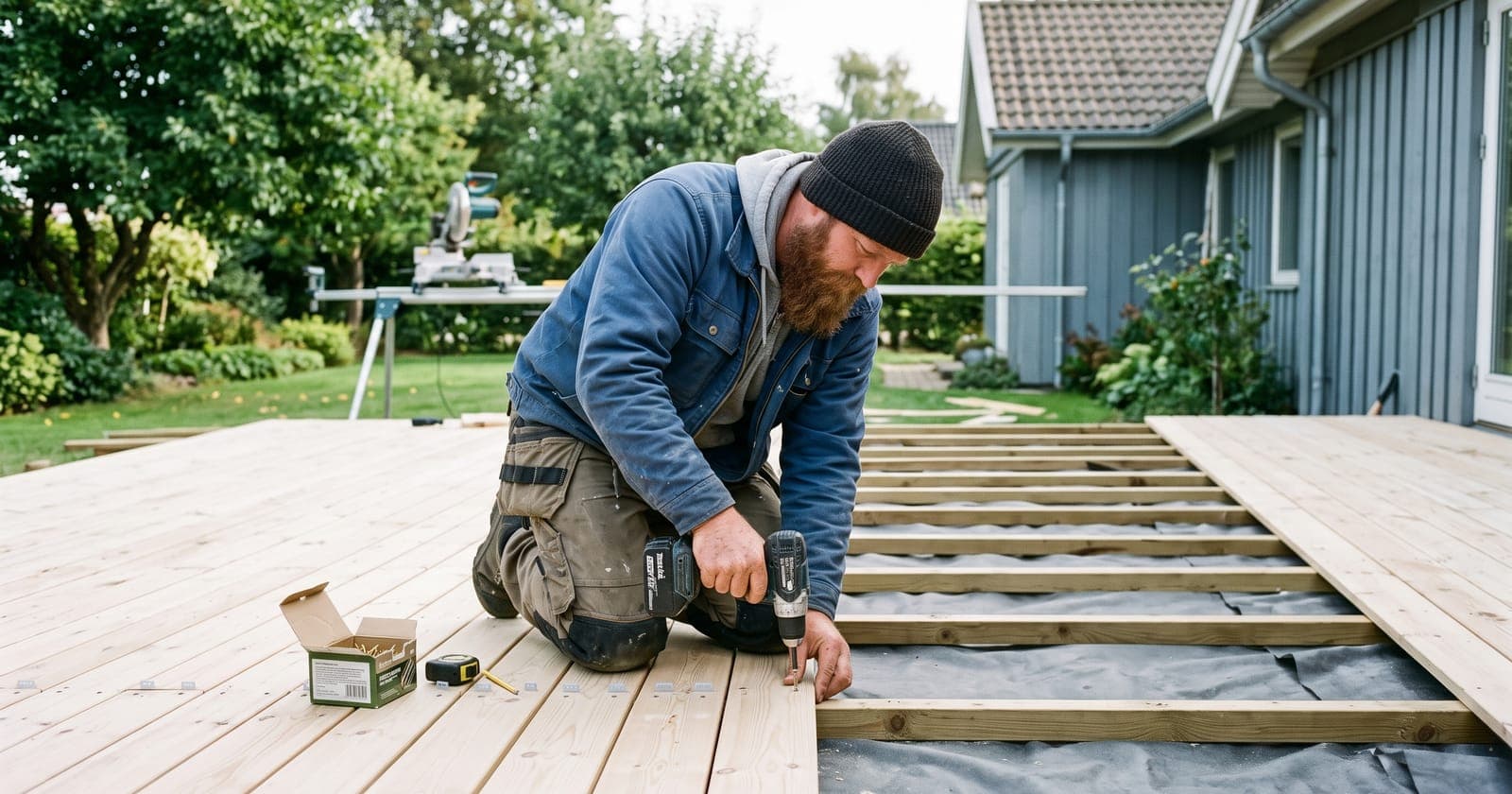 Tømrer skruer terrassebrædder fast på en ny terrasse