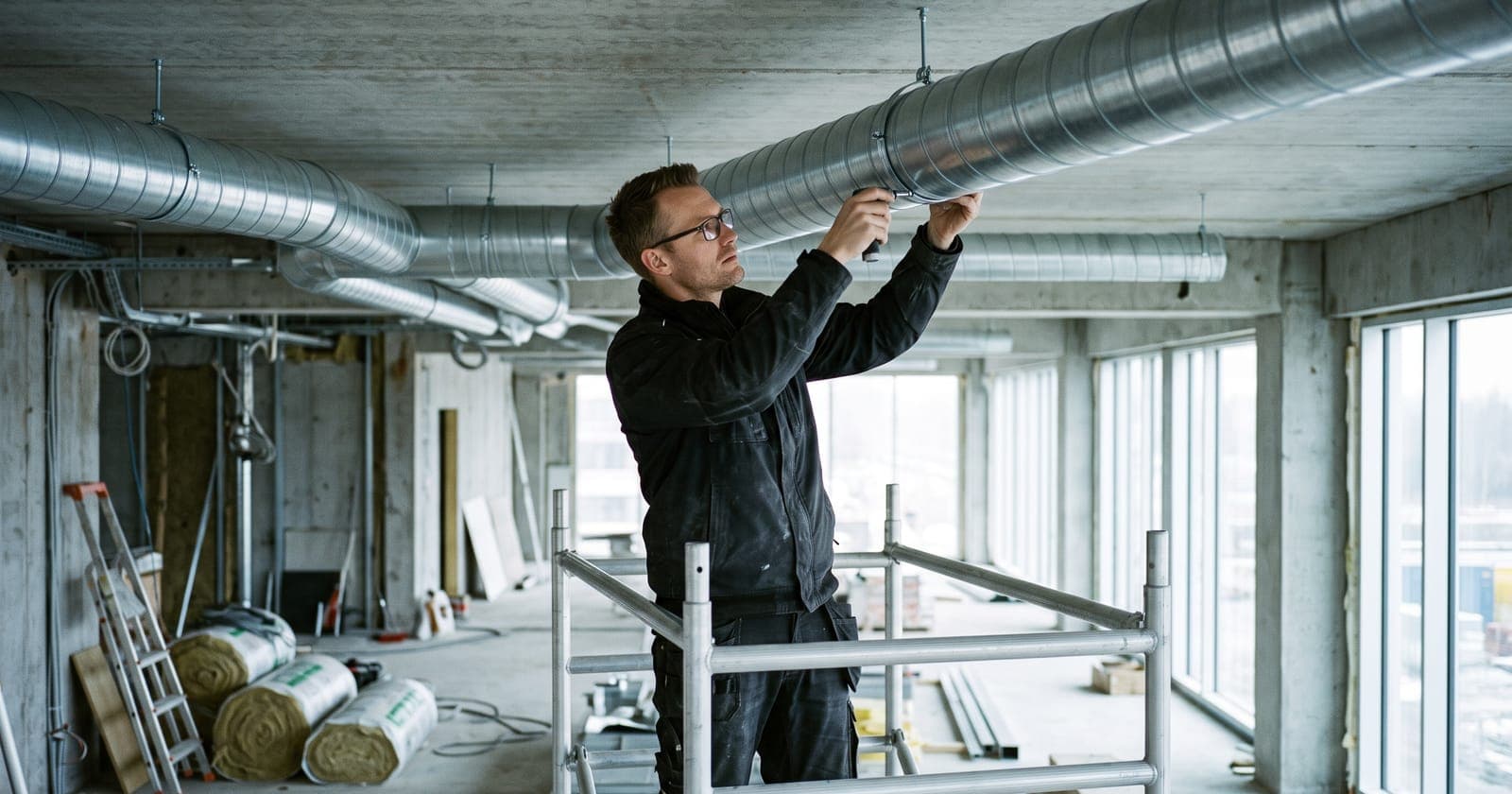 Ventilationsmontør monterer en spirokanal under et betonloft