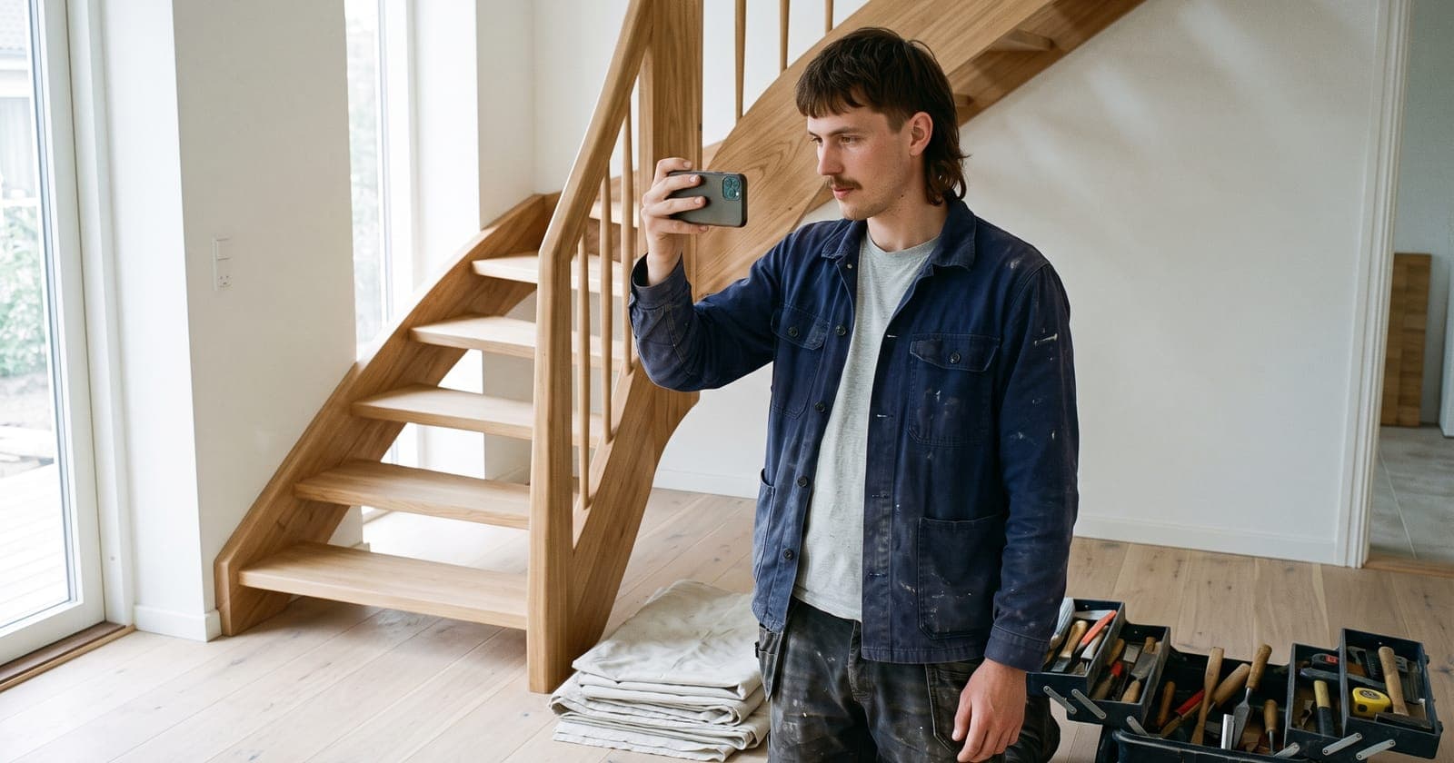 Ung tømrer filmer en nylavet trappe med sin telefon