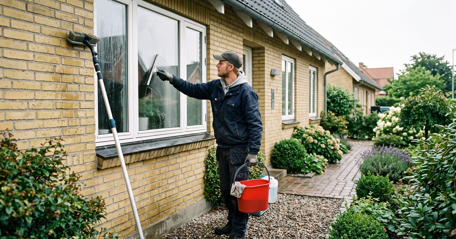 Vinduespudser vasker vinduer på et gult murstenshus