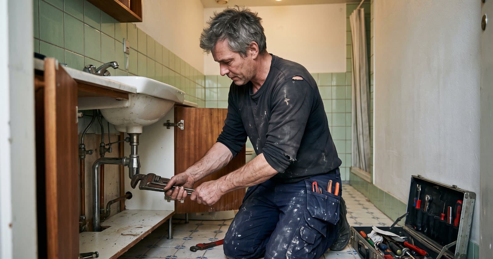 VVS-installatør arbejder på kobberrør under en håndvask